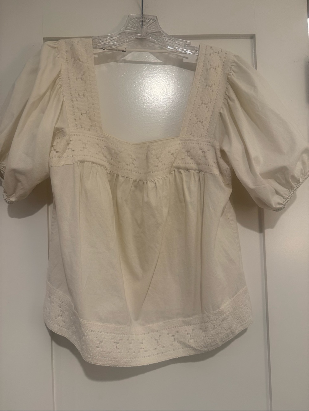 MOTHER Cream Square-Neck Puff Sleeve Blouse with Embroidered Trim